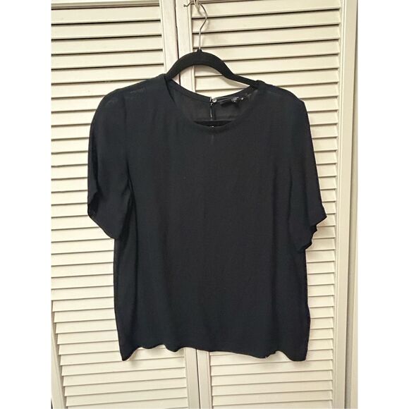 Tibi Navy Blue Sheer Blouse, 100% Rayon Short-Sleeve Shirt, Sz 8 - Picture 4 of 9